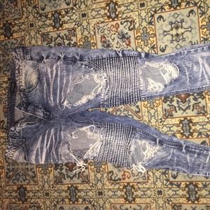Ribbed blow out skinny blue jeans,